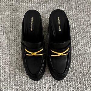 Veronica Beard Black Leather Loafers with Gold Link Detail